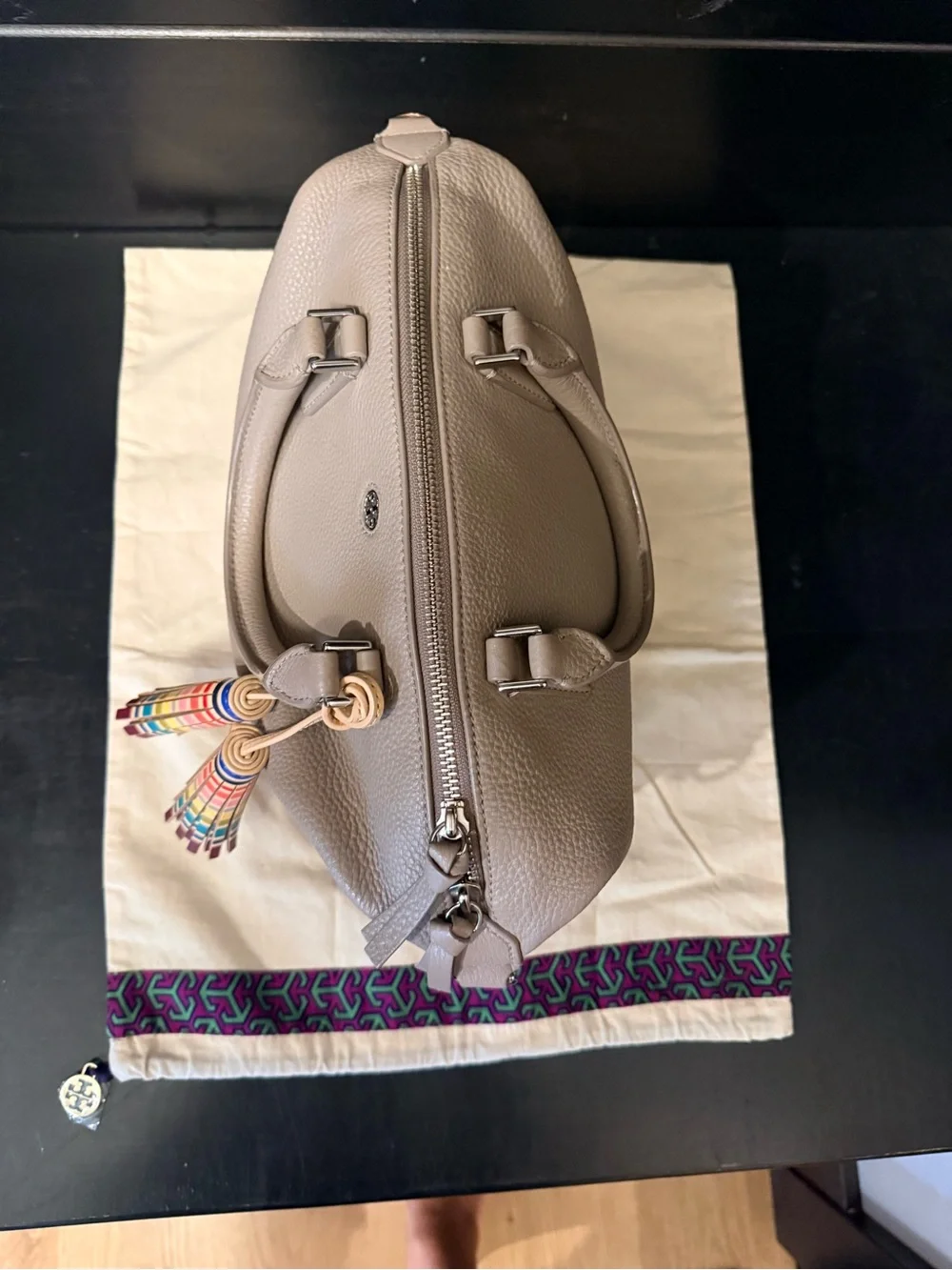 Tory Burch Taupe Pebbled Leather Satchel with Multicolor Tassel